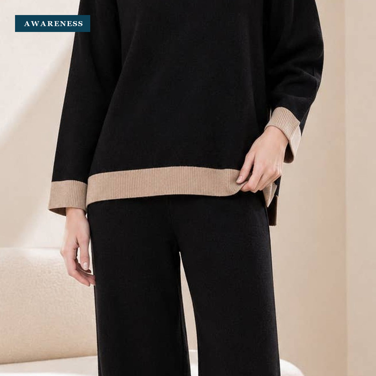 Contrast Trim Relaxed Knit Co-Ord Set — Close-up — AWARENESS
