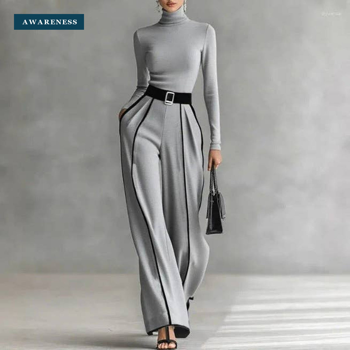 Women's Knit Turtleneck Wide Leg Pants Two Piece Set — Lifestyle — AWARENESS