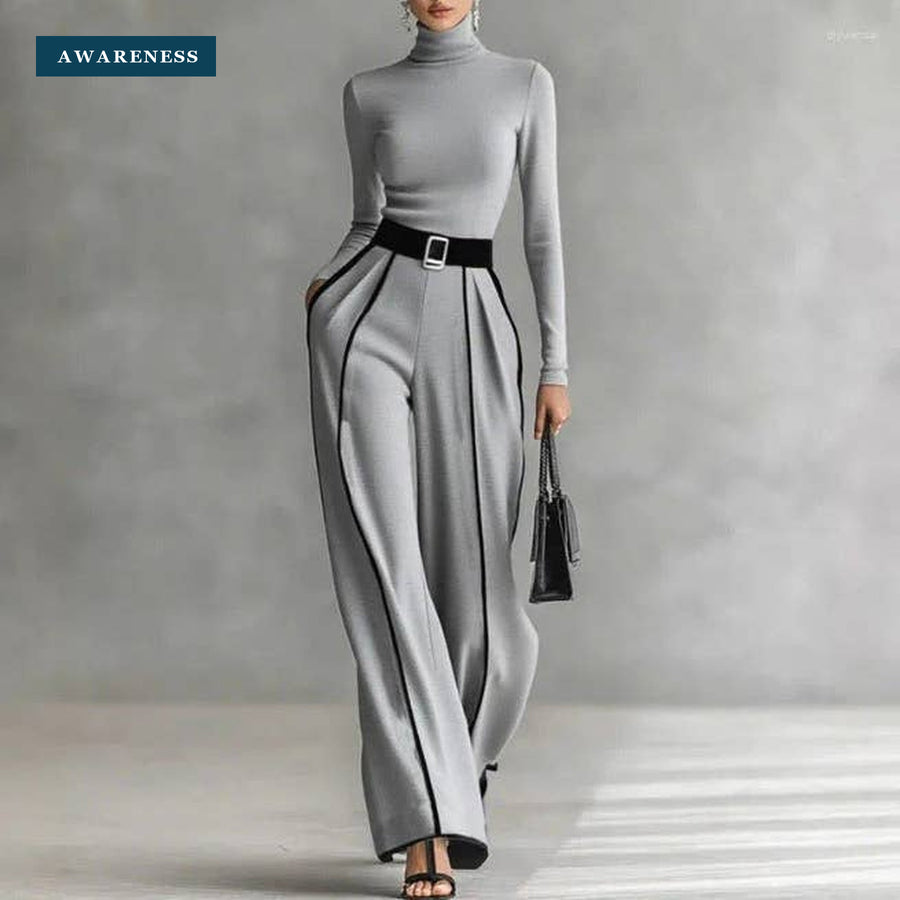Women's Knit Turtleneck Wide Leg Pants Two Piece Set — Lifestyle — AWARENESS