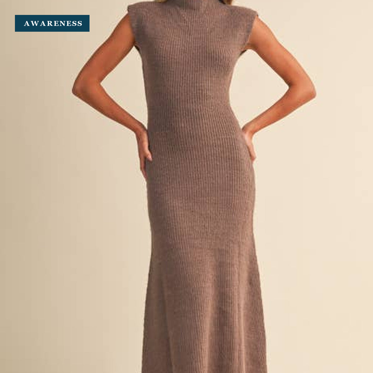 ID10168 Sleveless Turtleneck Sweater Midi Dress — Close-up — AWARENESS