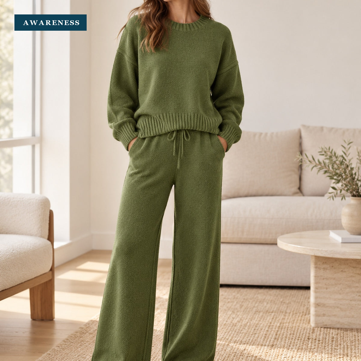 Viscose Blend Knit Sweater Set with Wide-Leg Pants — Lifestyle — AWARENESS