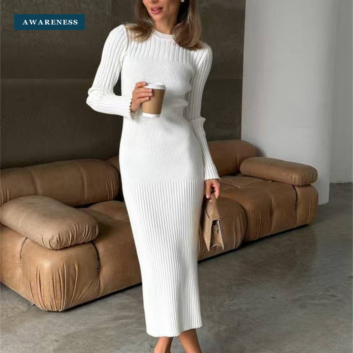 Women’s Long-Sleeve Ribbed Bodycon Midi Dress — Lifestyle — AWARENESS