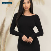 Long-Sleeve Ribbed Bodycon Midi Dress — Close-Up — AWARENESS