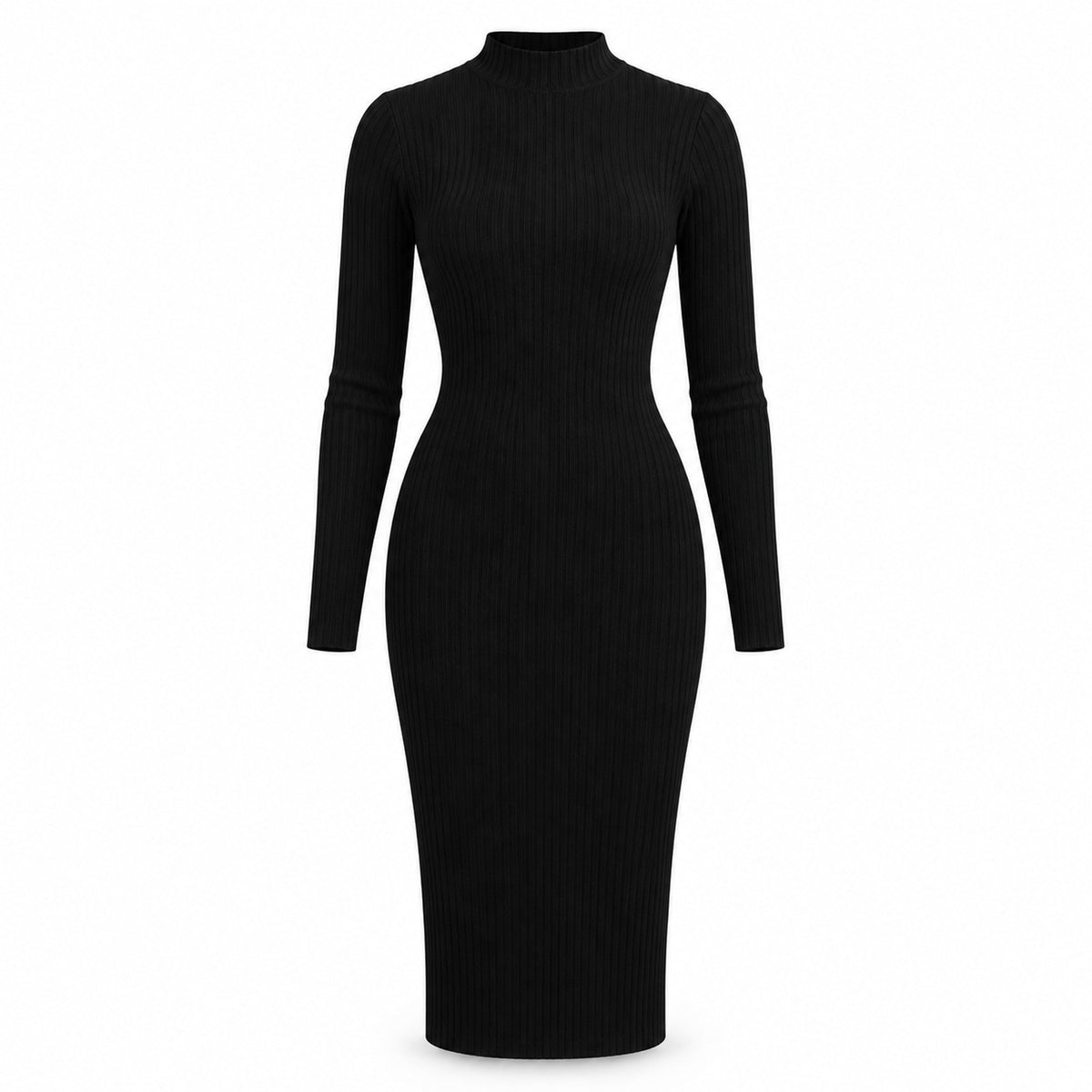 Ribbed Mock-Neck Long-Sleeve Bodycon Midi Dress — Main