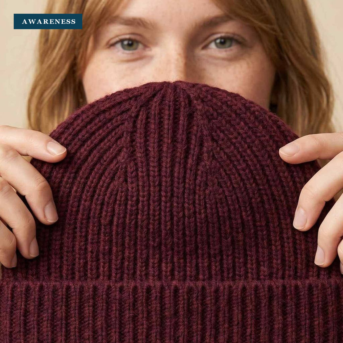 Women's Cashmere Beanie - Noma Hand-Knit Ribbed, Chunky 3-Ply — Close-up — AWARENESS