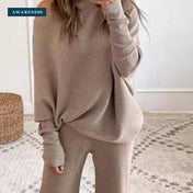 Off-Shoulder Knit Lounge Set with Wide-Leg Pants — Close-Up — AWARENESS