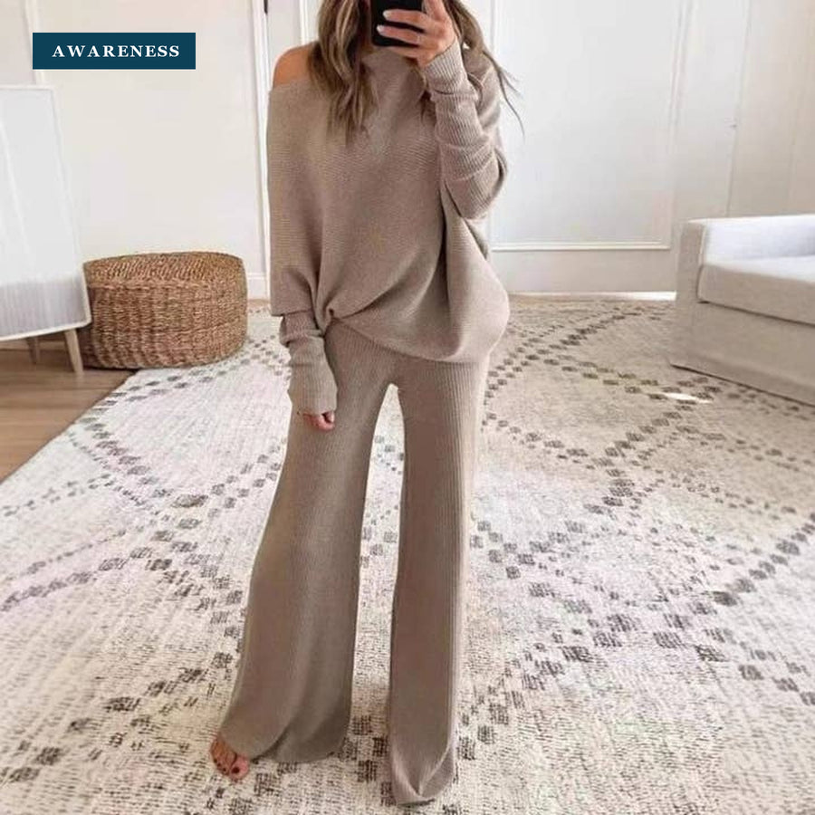 Off-Shoulder Knit Lounge Set with Wide-Leg Pants — Lifestyle — AWARENESS