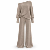 Off-Shoulder Knit Lounge Set with Wide-Leg Pants — Main