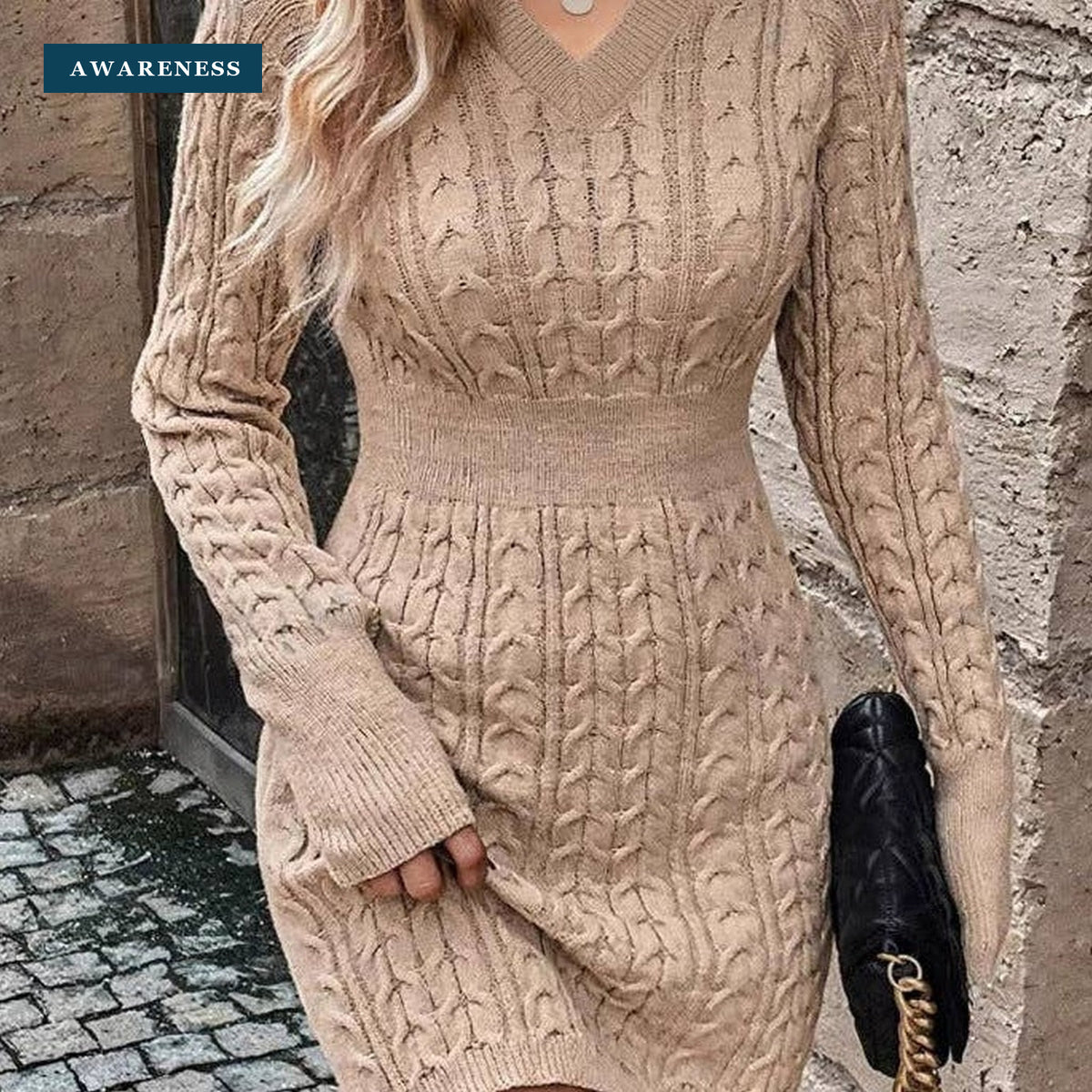Spicy Knit Bodycon Dress Flirty Fall Fashion — Close-up — AWARENESS