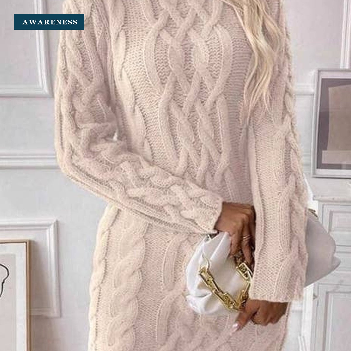 Women's High Neck Cable Knit Sweater Dress Long Sleeve — Close-up — AWARENESS