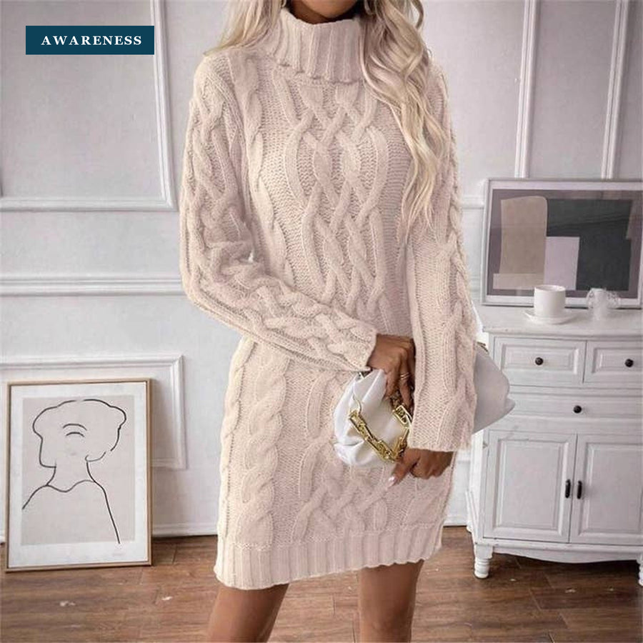 Women's High Neck Cable Knit Sweater Dress Long Sleeve — Lifestyle — AWARENESS