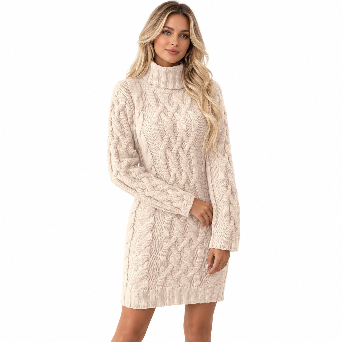 Women's High Neck Cable Knit Sweater Dress Long Sleeve — Main — AWARENESS