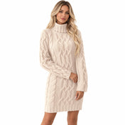 Women's High Neck Cable Knit Sweater Dress Long Sleeve — Main — AWARENESS