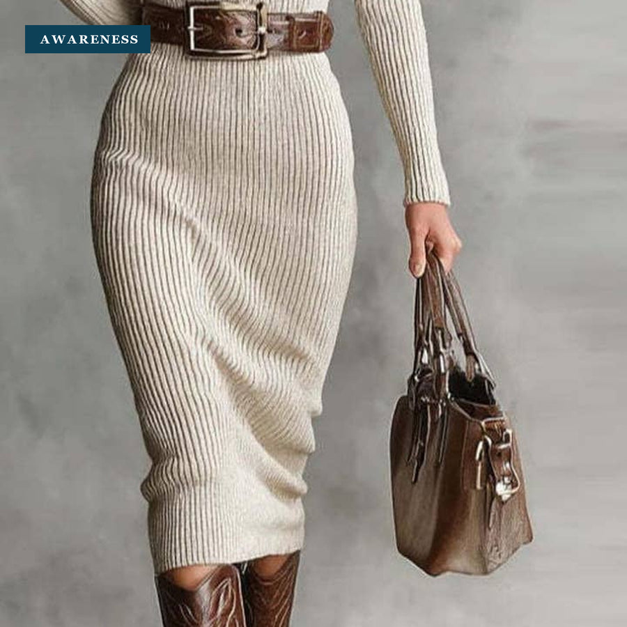 Ribbed High-Neck Long-Sleeve Midi Sweater Dress — Lifestyle — AWARENESS