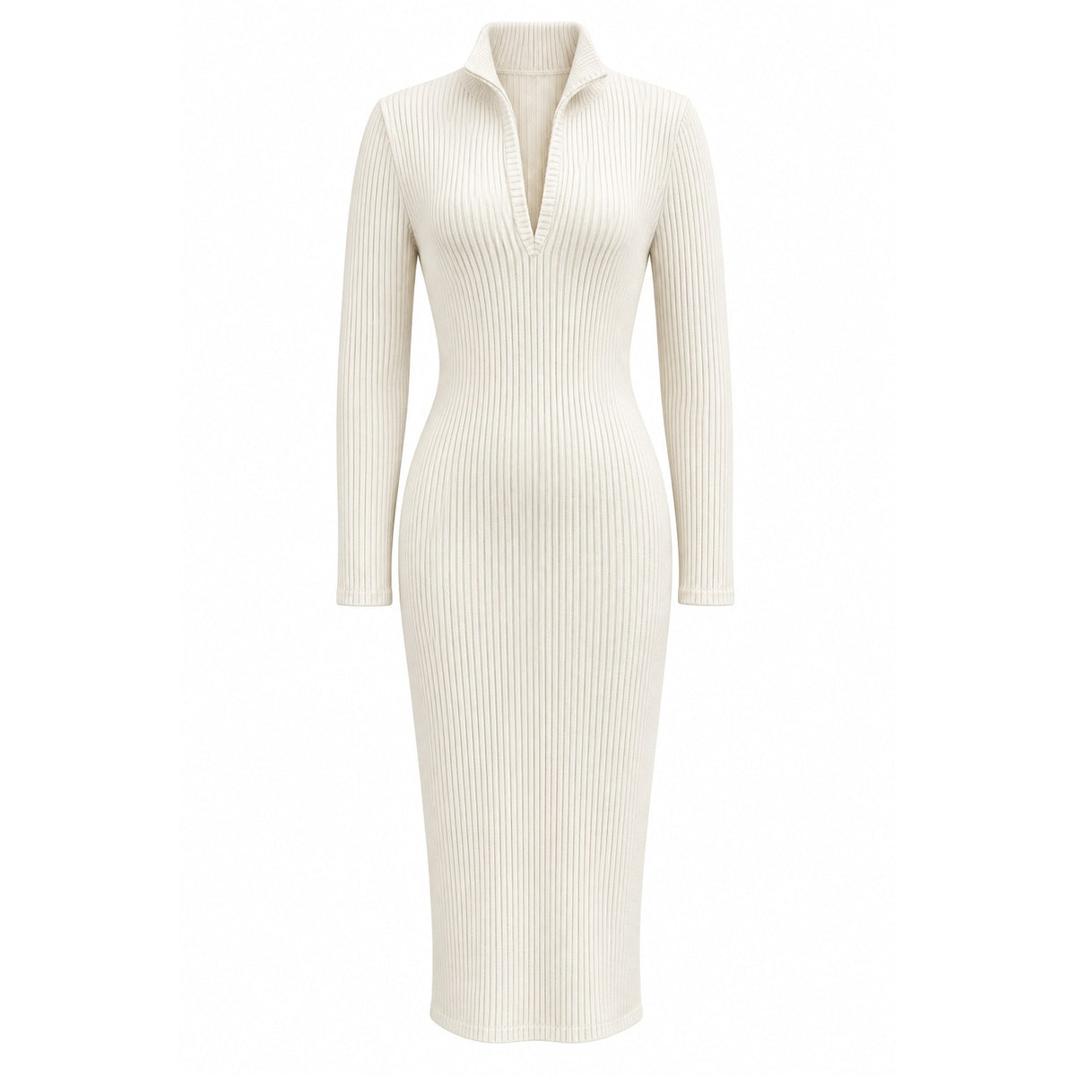 Ribbed High-Neck Long-Sleeve Midi Sweater Dress — Main