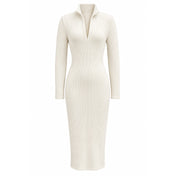 Ribbed High-Neck Long-Sleeve Midi Sweater Dress — Main