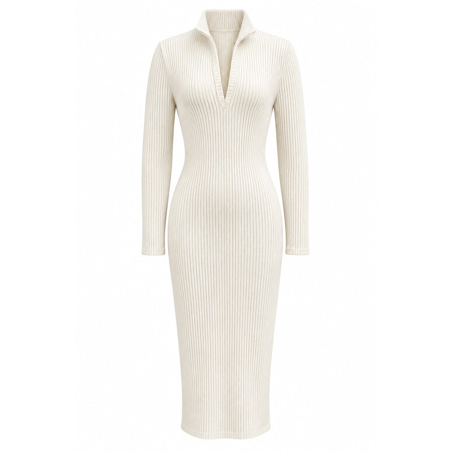 Ribbed High-Neck Long-Sleeve Midi Sweater Dress — Main