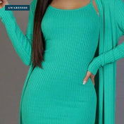 Ribbed Cami Midi Dress with Long Cardigan Set — Close-Up — AWARENESS