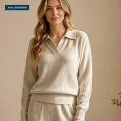 Ribbed Knit Collared Two-Piece Set with Wide-Leg Pants — Close-Up — AWARENESS