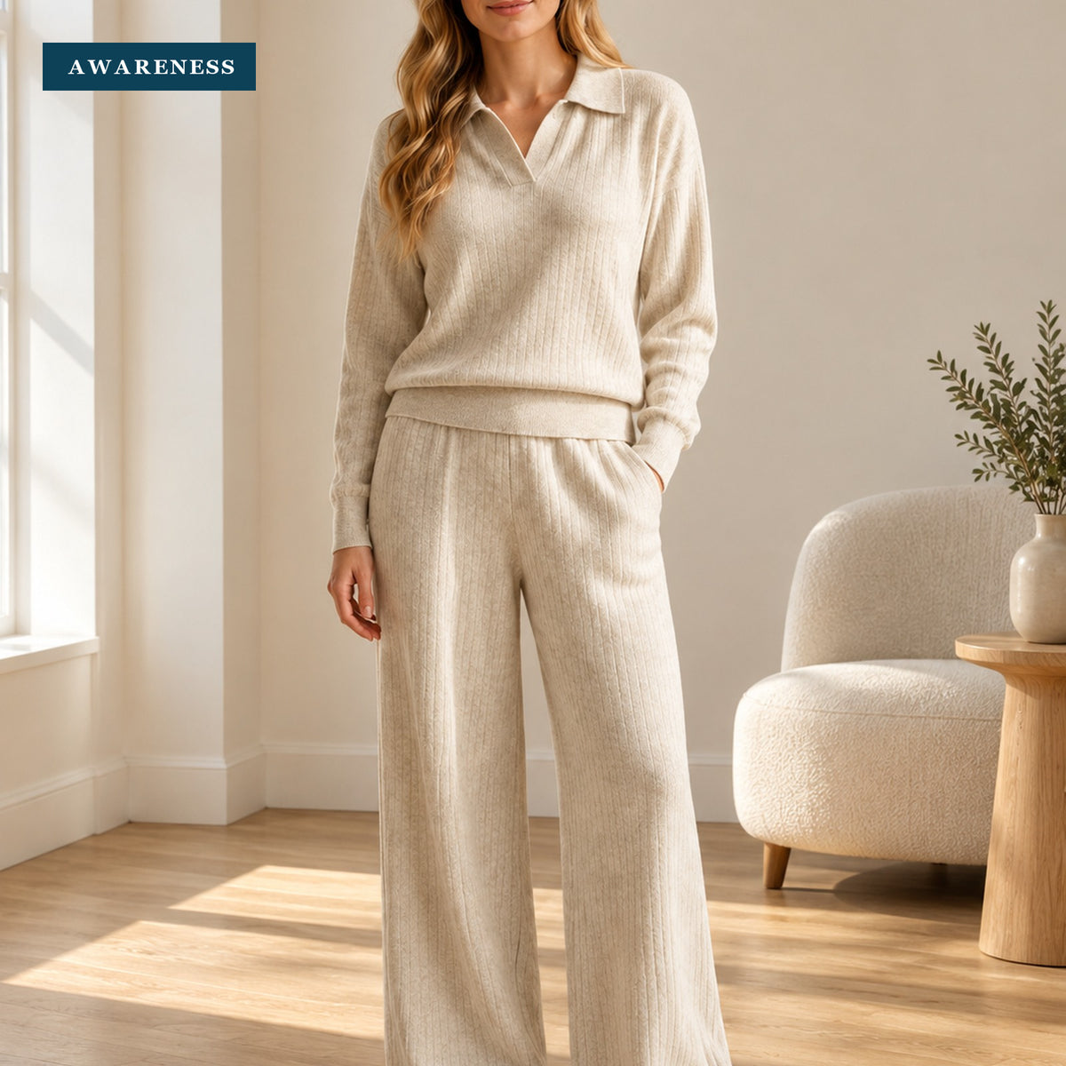 Ribbed Knit Collared Two-Piece Set with Wide-Leg Pants — Lifestyle — AWARENESS