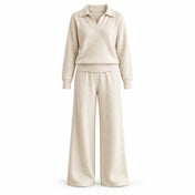 Ribbed Knit Collared Two-Piece Set with Wide-Leg Pants — Main