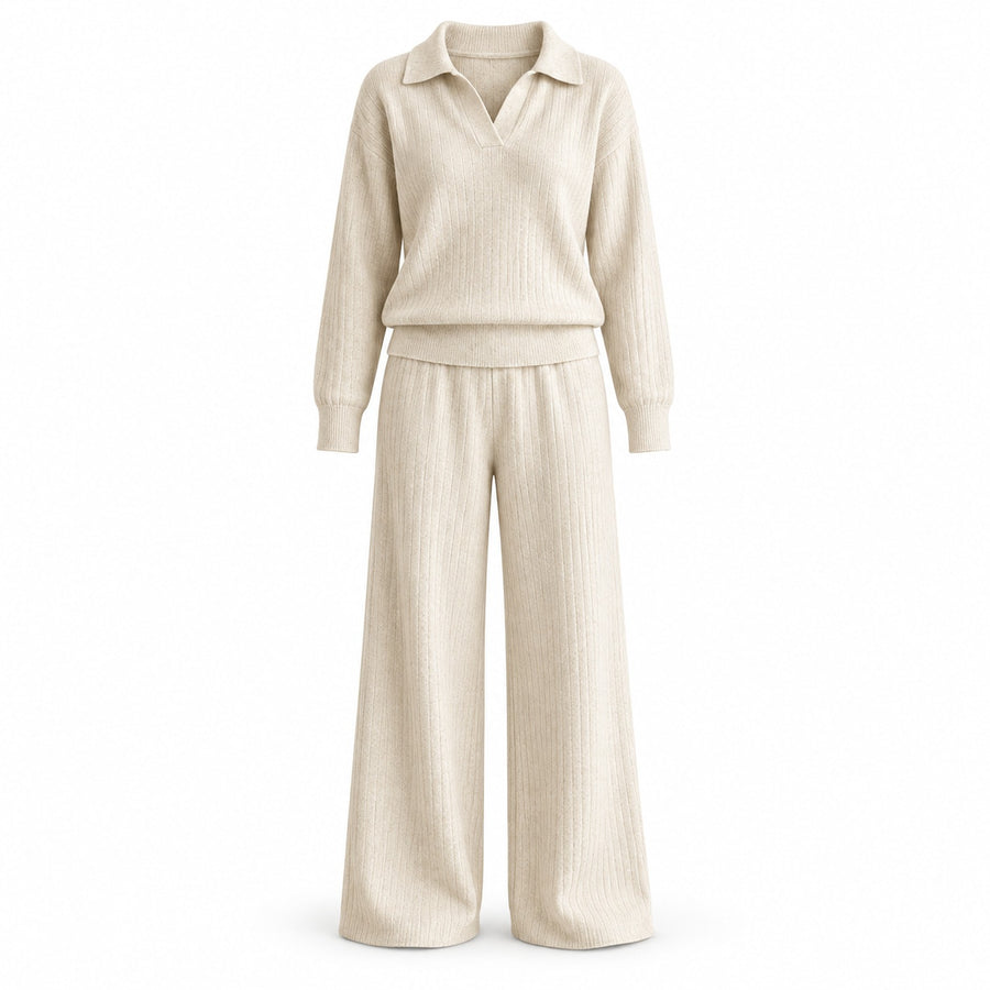 Ribbed Knit Collared Two-Piece Set with Wide-Leg Pants — Main
