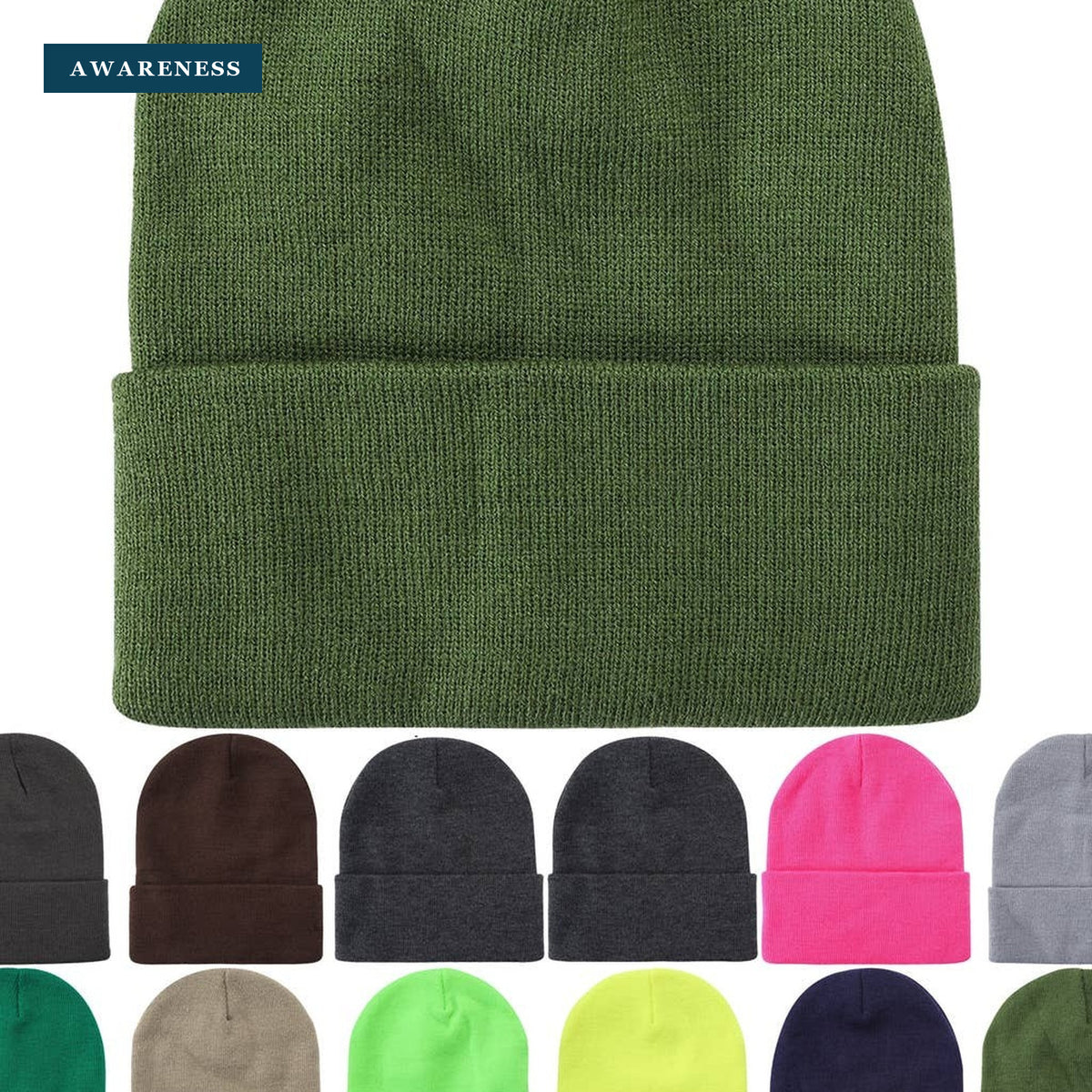 Unbranded Long Knit Beanie, Blank Knit Cap — Close-up — AWARENESS