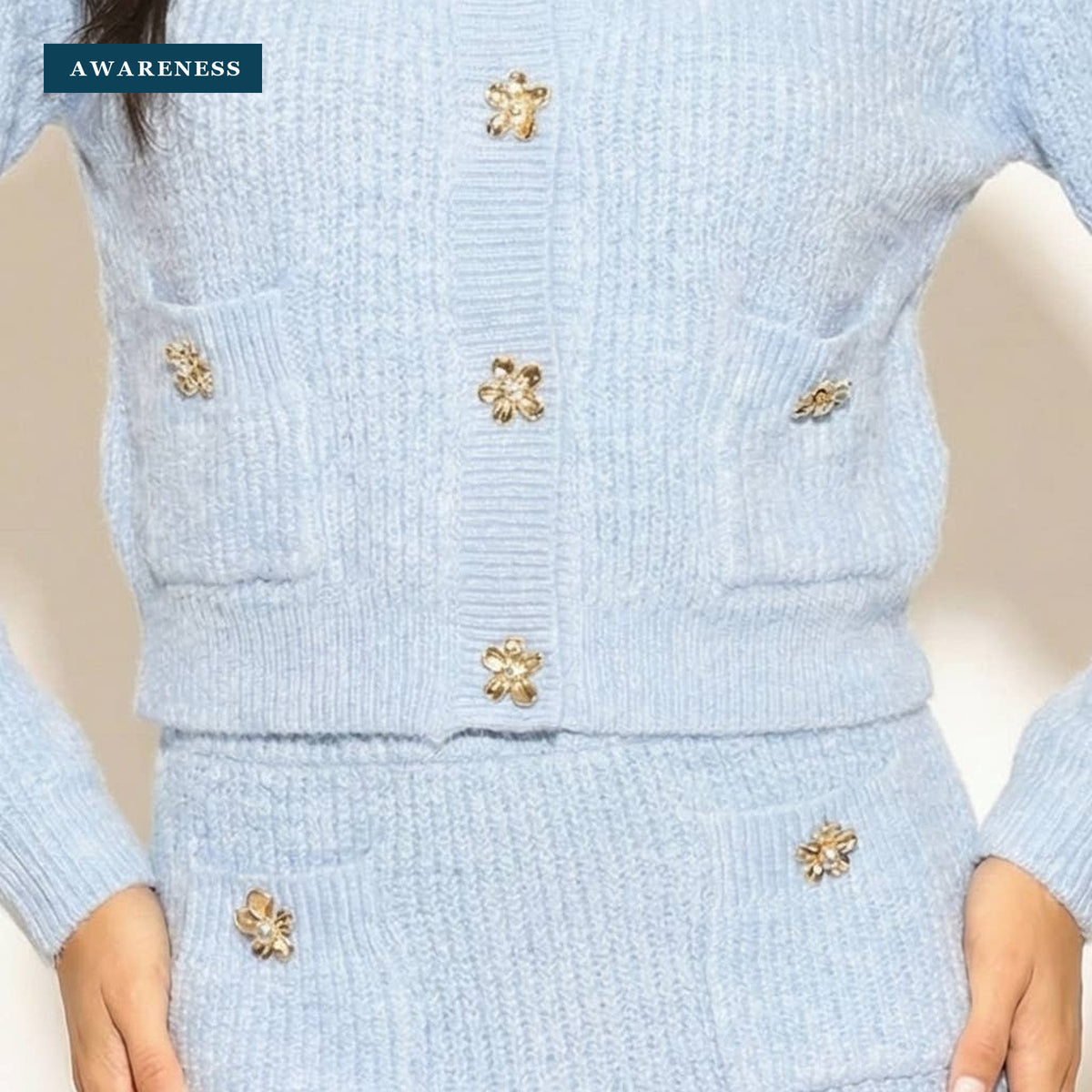 Cosy Knit Co-Ords Set with Floral Button Design in Pale Blue — Close-up — AWARENESS