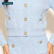 Cosy Knit Co-Ords Set with Floral Button Design in Pale Blue — Close-up — AWARENESS