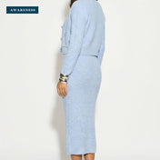 Cosy Knit Co-Ords Set with Floral Button Design in Pale Blue — Lifestyle — AWARENESS