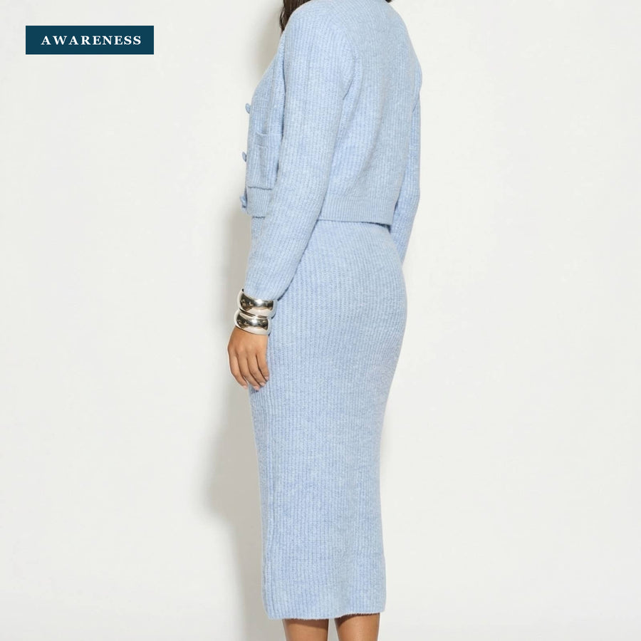 Cosy Knit Co-Ords Set with Floral Button Design in Pale Blue — Lifestyle — AWARENESS