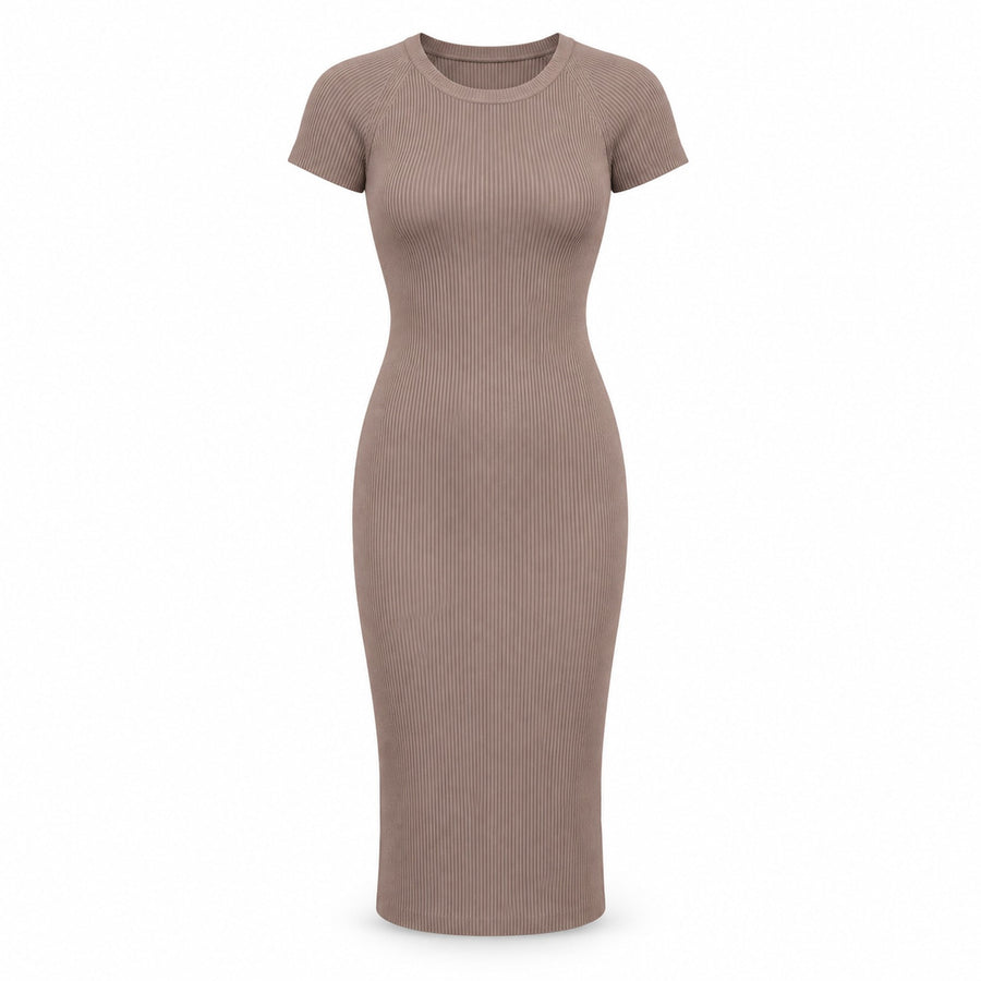 Short-Sleeve Ribbed Knit Midi Dress — Main