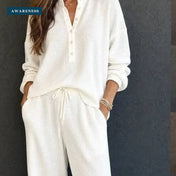 Solid Long-Sleeve Knit Two-Piece Set with Wide-Leg Pants — Close-Up — AWARENESS
