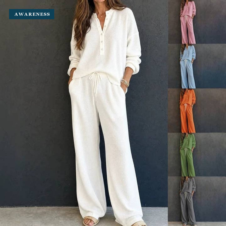 Solid Long-Sleeve Knit Two-Piece Set with Wide-Leg Pants — Lifestyle — AWARENESS