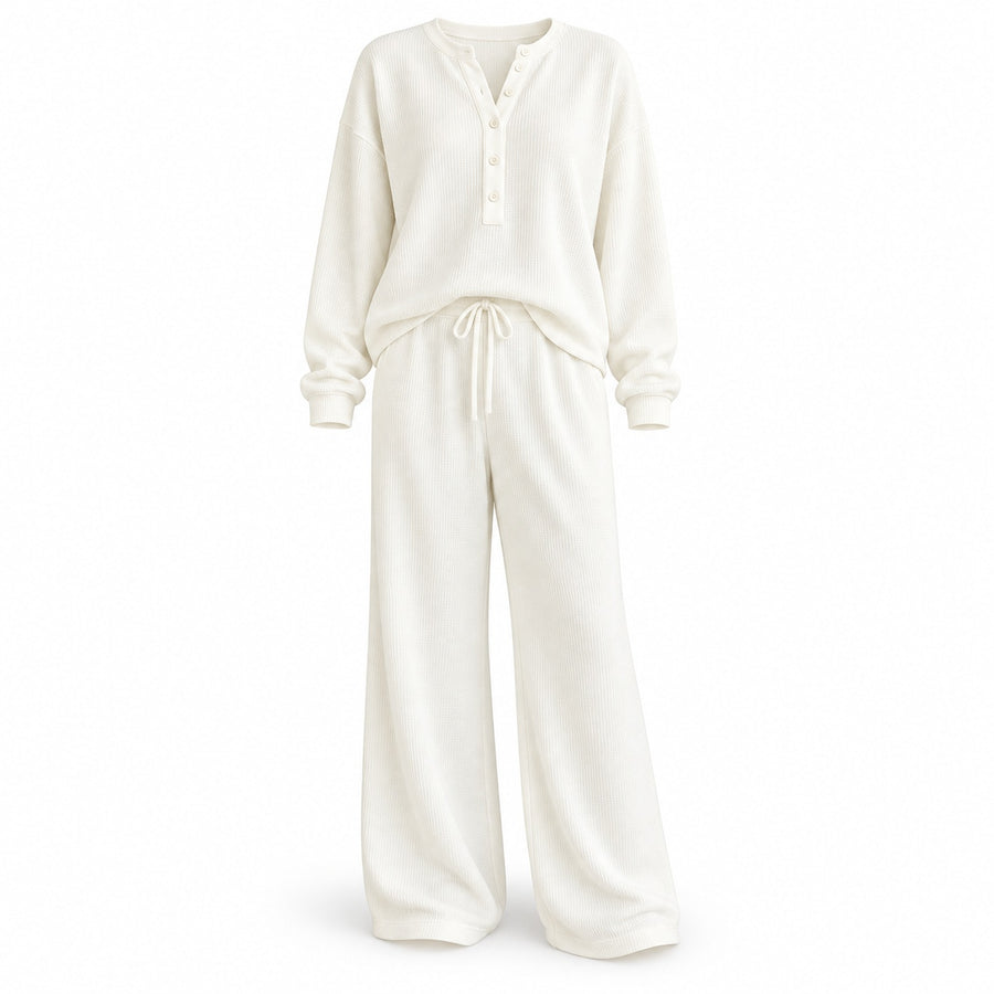 Solid Long-Sleeve Knit Two-Piece Set with Wide-Leg Pants — Main
