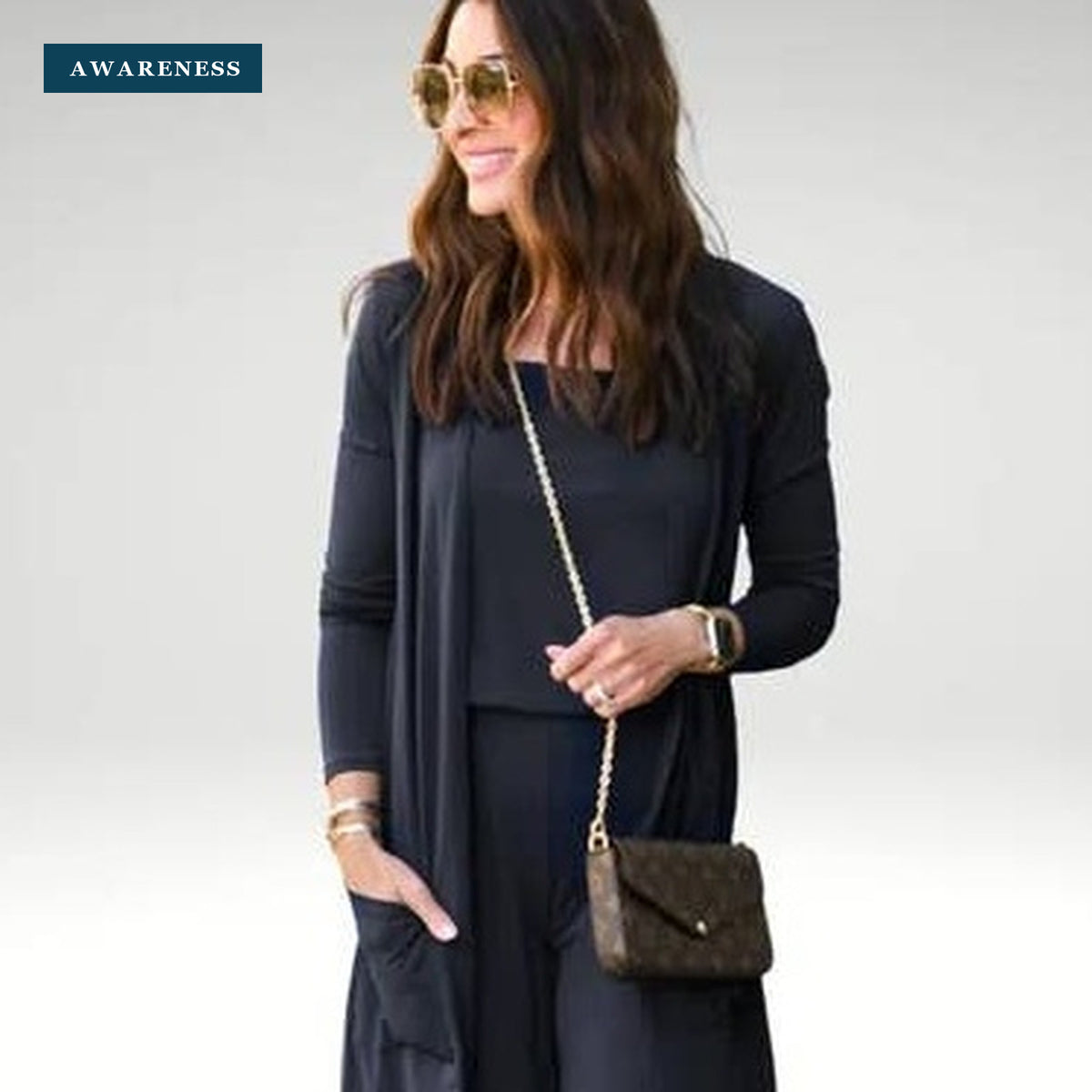 Three-Piece Ribbed Knit Cardigan Set with Wide-Leg Pants — Close-Up — AWARENESS