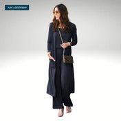 Three-Piece Ribbed Knit Cardigan Set with Wide-Leg Pants — Lifestyle — AWARENESS