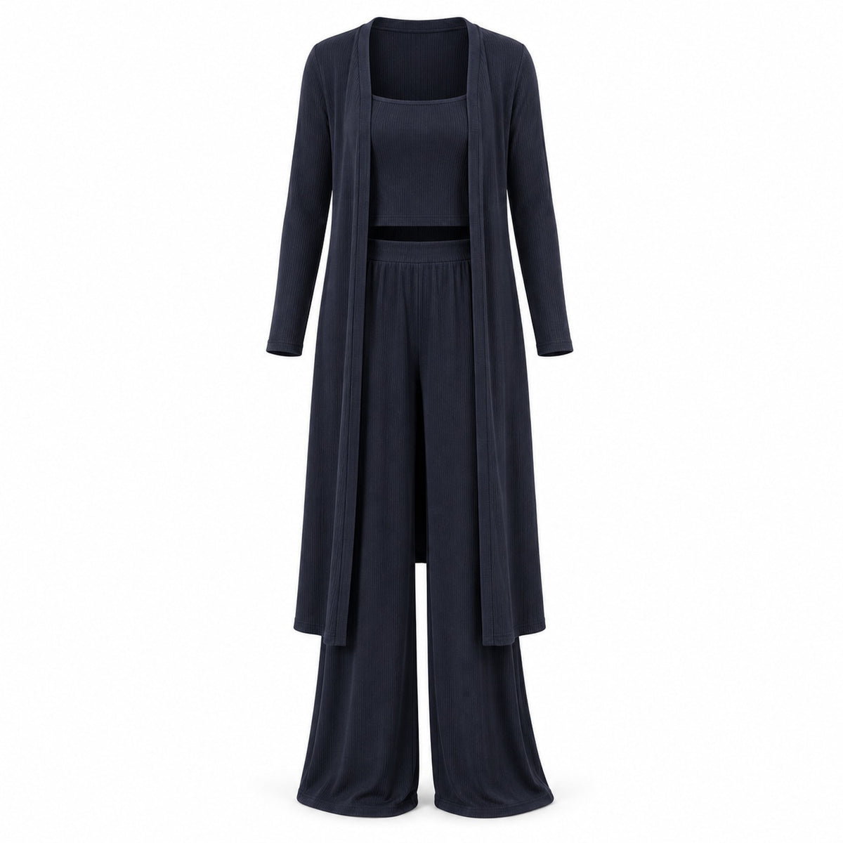 Three-Piece Ribbed Knit Cardigan Set with Wide-Leg Pants — Main