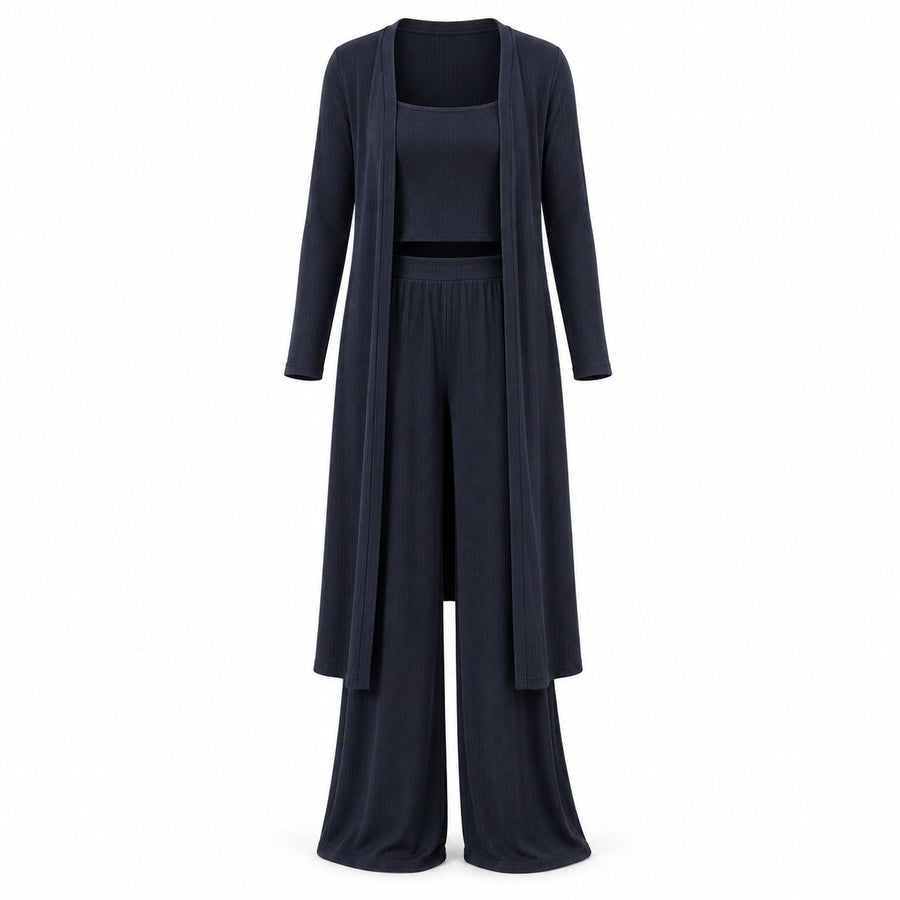 Three-Piece Ribbed Knit Cardigan Set with Wide-Leg Pants — Main