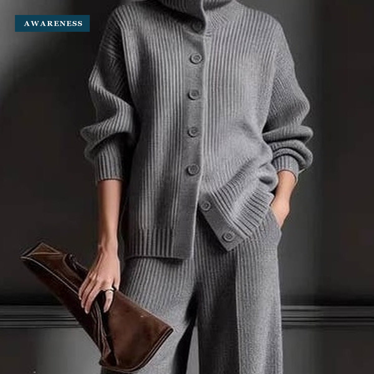Ribbed Turtleneck Knit Two-Piece Set with Wide-Leg Pants — Close-Up — AWARENESS
