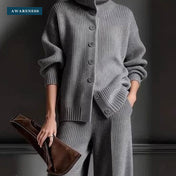 Ribbed Turtleneck Knit Two-Piece Set with Wide-Leg Pants — Close-Up — AWARENESS