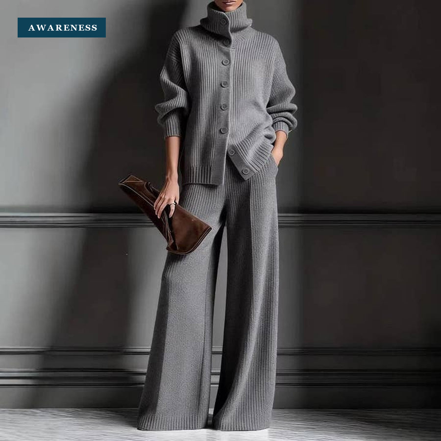 Ribbed Turtleneck Knit Two-Piece Set with Wide-Leg Pants — Lifestyle — AWARENESS