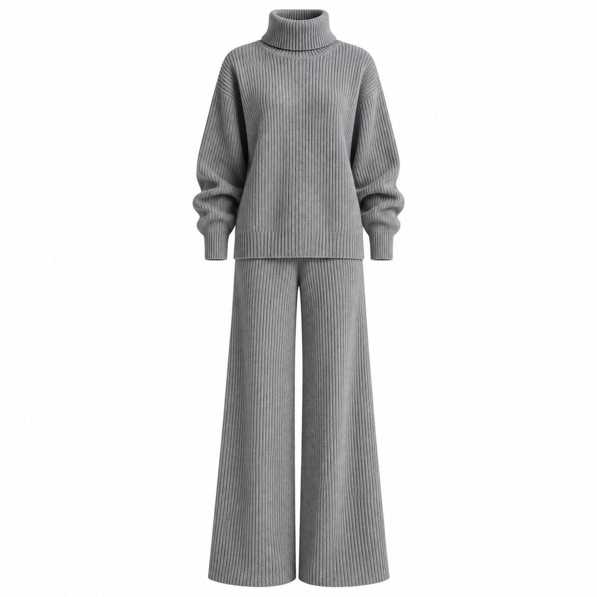 Ribbed Turtleneck Knit Two-Piece Set with Wide-Leg Pants — Main