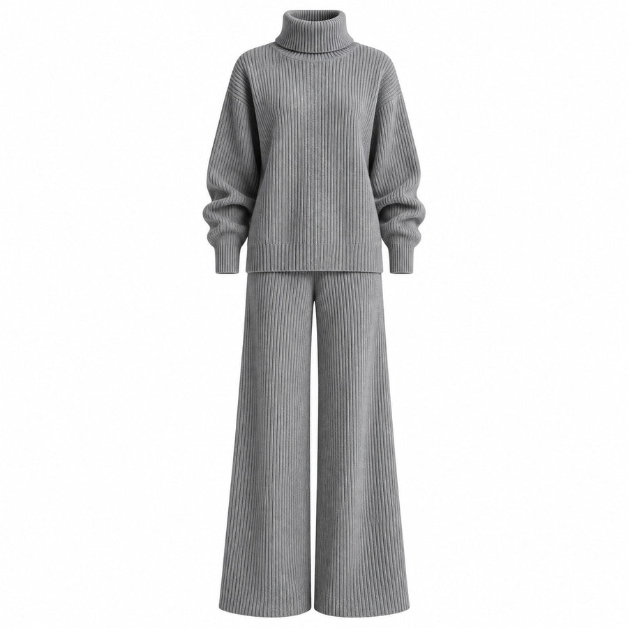 Ribbed Turtleneck Knit Two-Piece Set with Wide-Leg Pants — Main