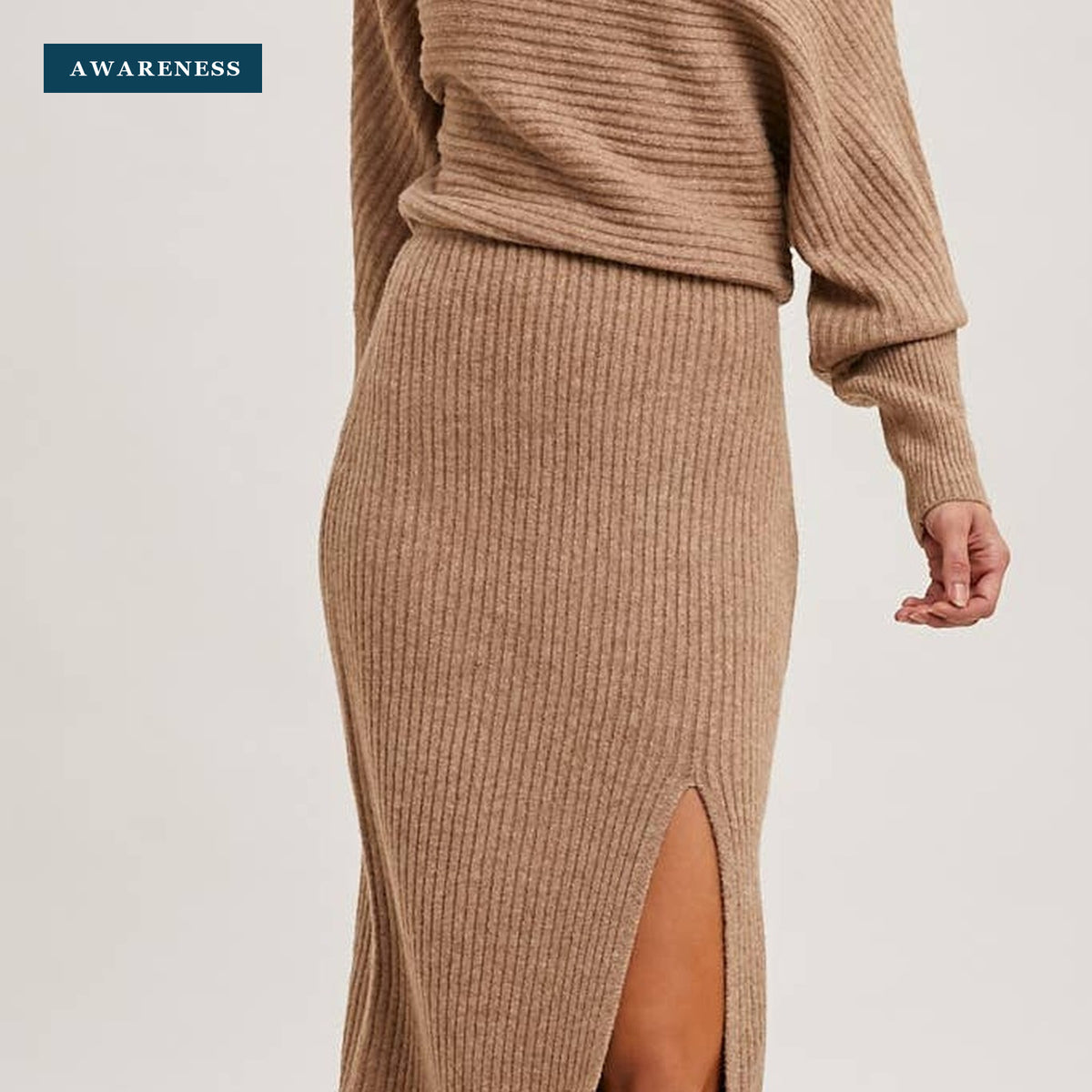 One Shoulder Off Side Slit Midi Knit Sweater Dress — Close-up — AWARENESS