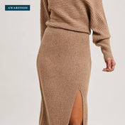 One Shoulder Off Side Slit Midi Knit Sweater Dress — Close-up — AWARENESS