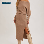 One Shoulder Off Side Slit Midi Knit Sweater Dress — Lifestyle — AWARENESS