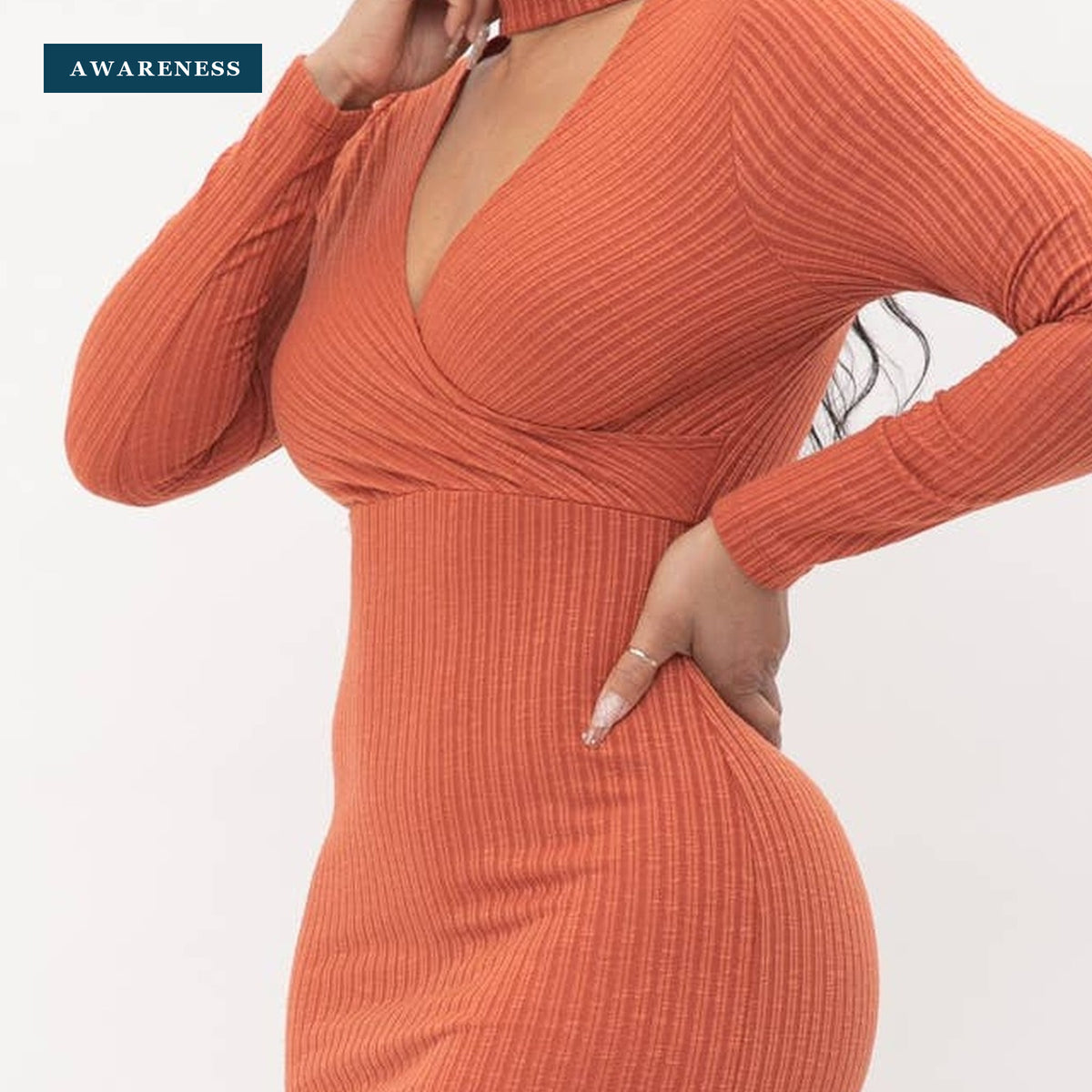Choker Neck Long Sleeve Surplus Midi Dress — Close-up — AWARENESS