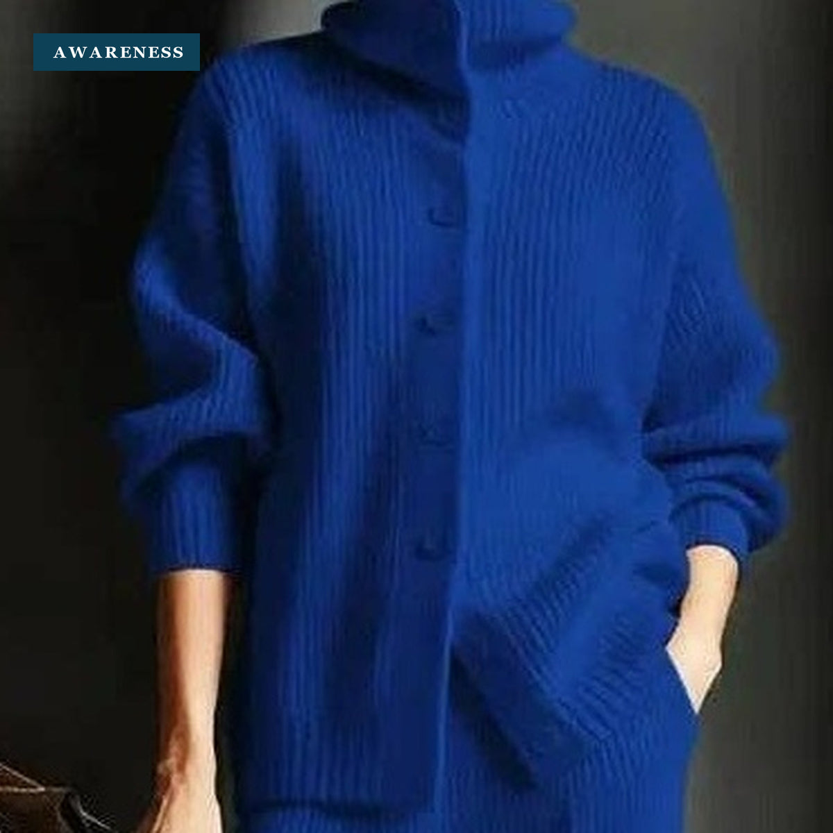 Women’s Turtleneck Knit Set with Cardigan and Wide-Leg Pants — Close-Up — AWARENESS