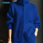 Women’s Turtleneck Knit Set with Cardigan and Wide-Leg Pants — Close-Up — AWARENESS